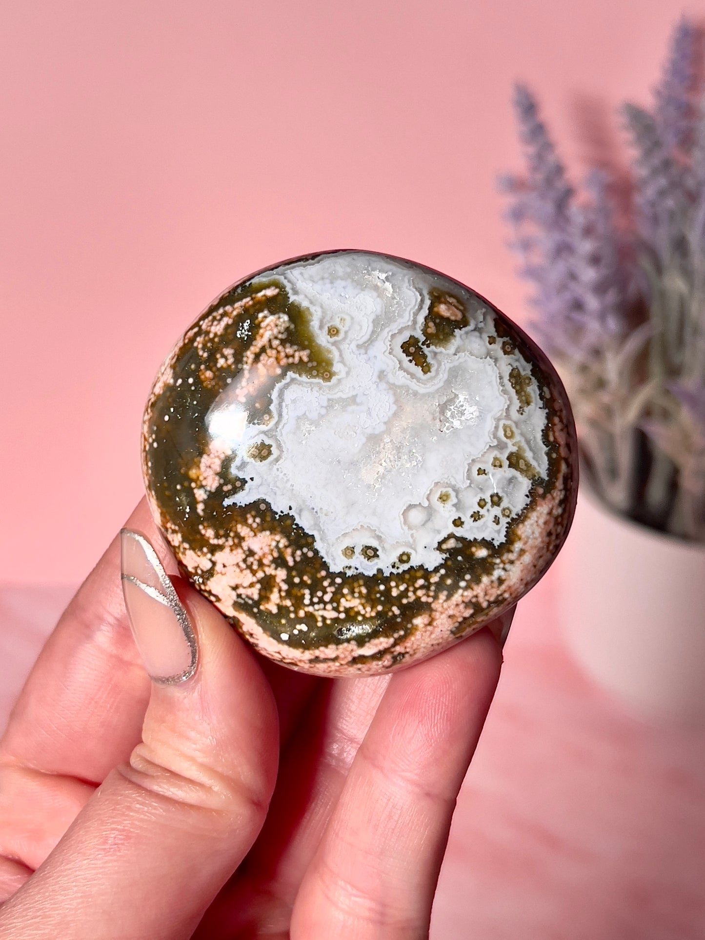 Gorgeous Orbicular Jasper Crystal Palm Stone