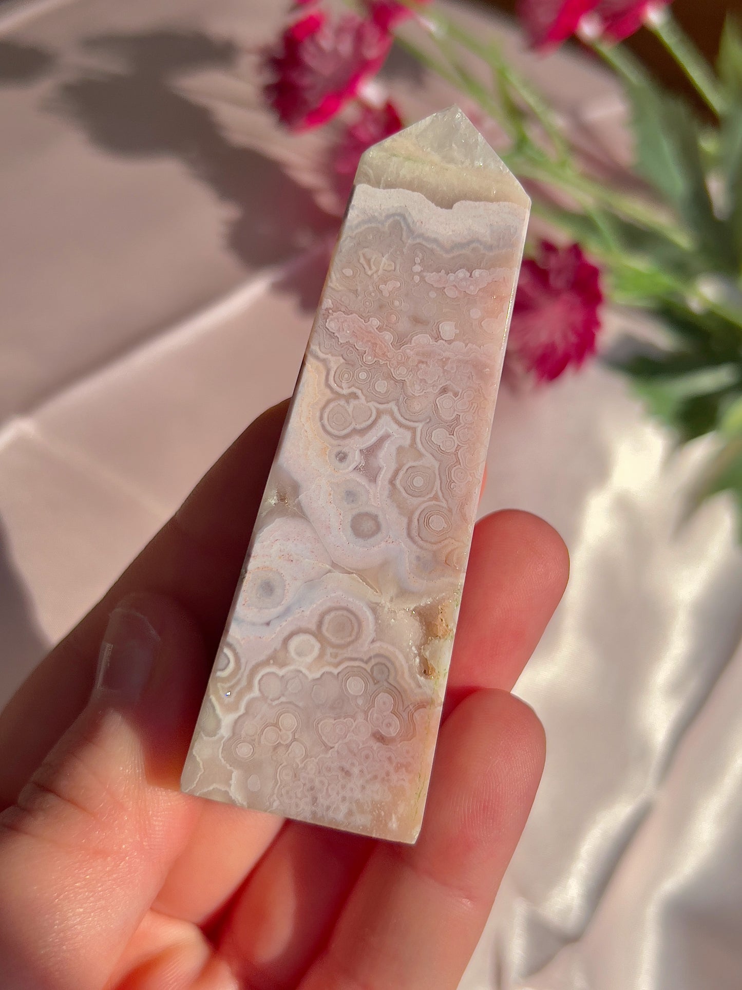 Flower Agate and Pink Amethyst Tower