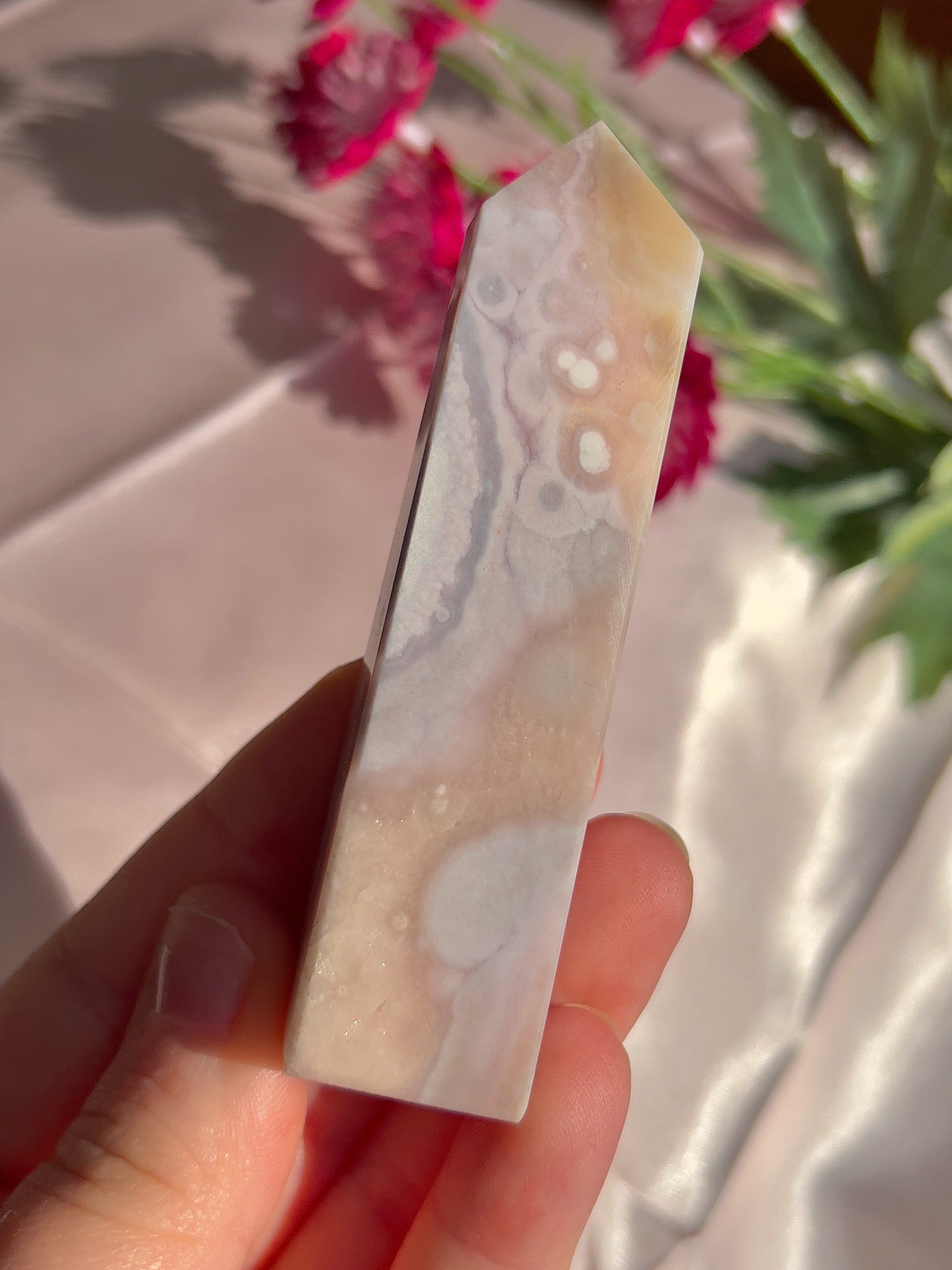 Flower Agate and Pink Amethyst Tower