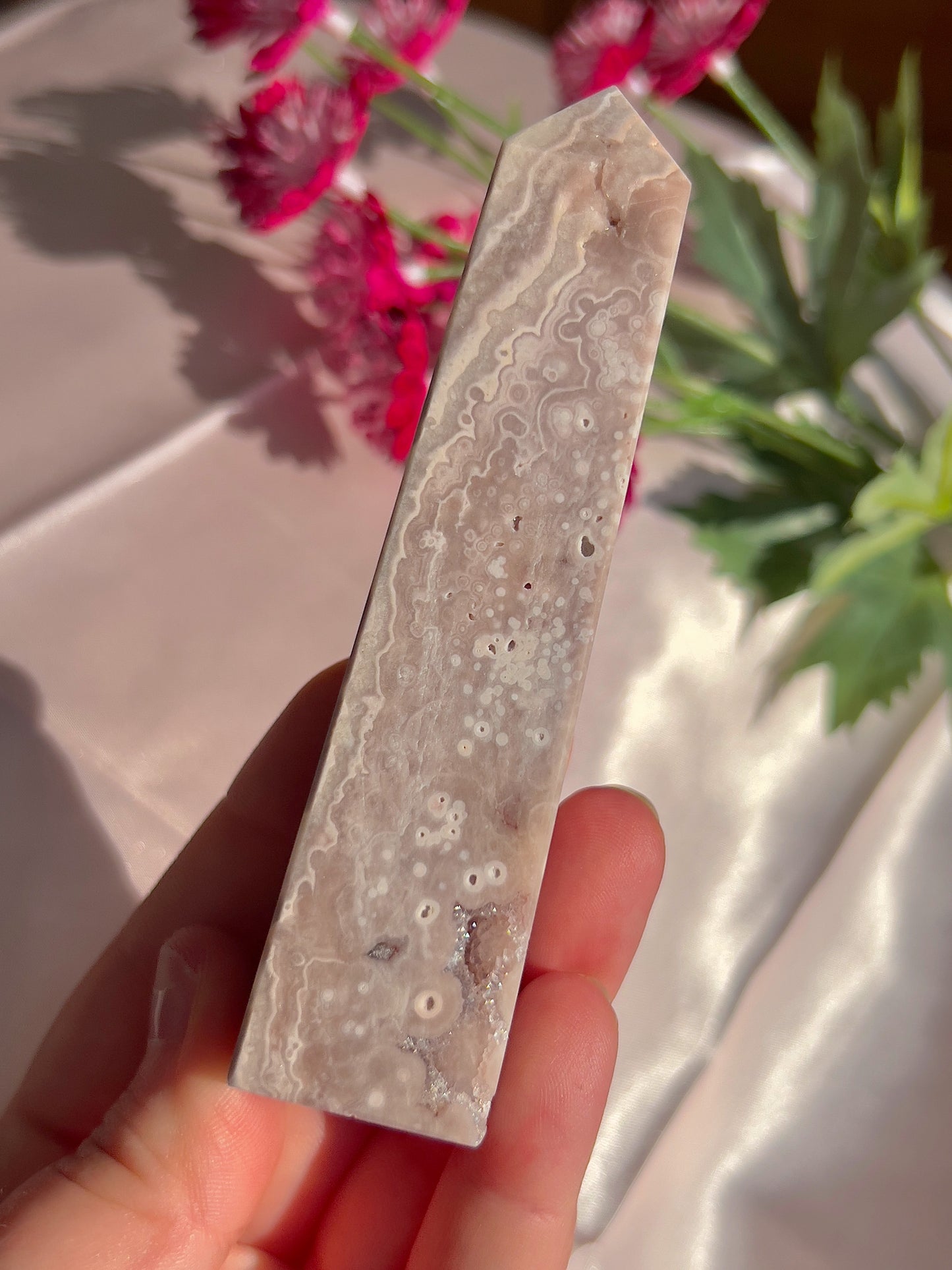 Flower Agate and Pink Amethyst Tower