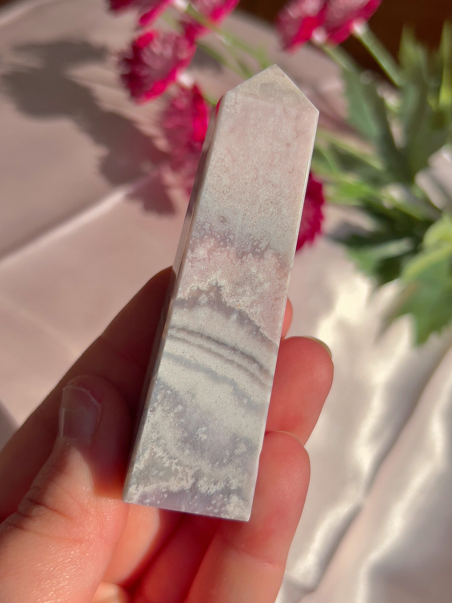 Flower Agate and Pink Amethyst Tower