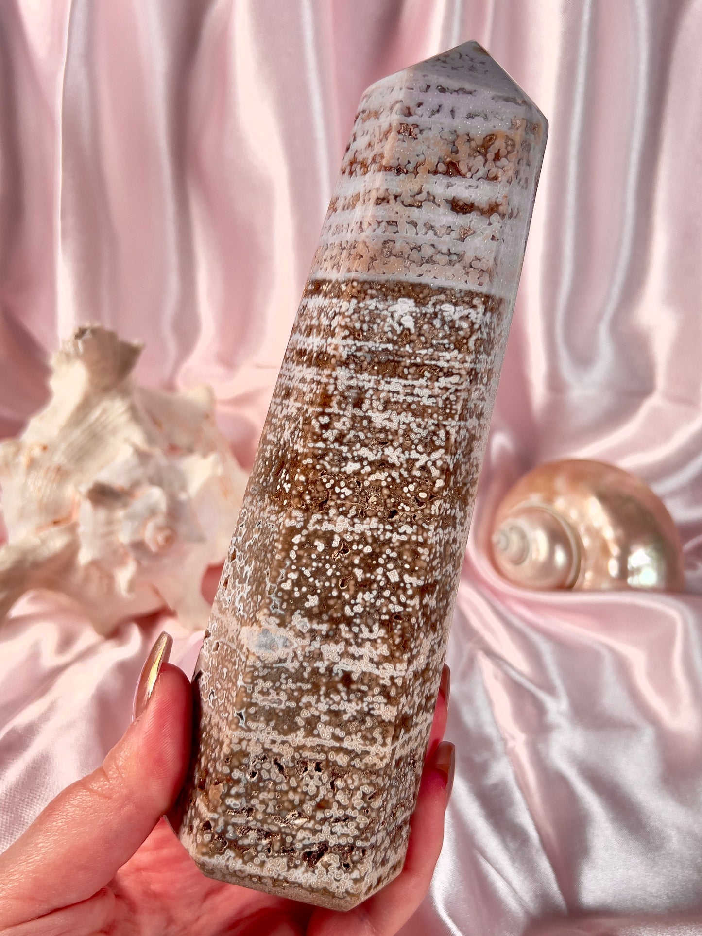 Pastel Lavender Orby Sea Jasper Tower with Red Druzy