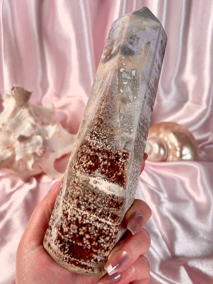 Pastel Lavender Orby Sea Jasper Tower with Red Druzy