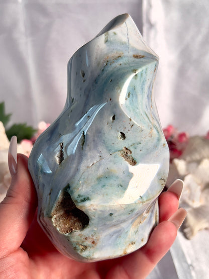 Pastel Two Tone Baby Blue and Forest Green Sea Jasper Flame
