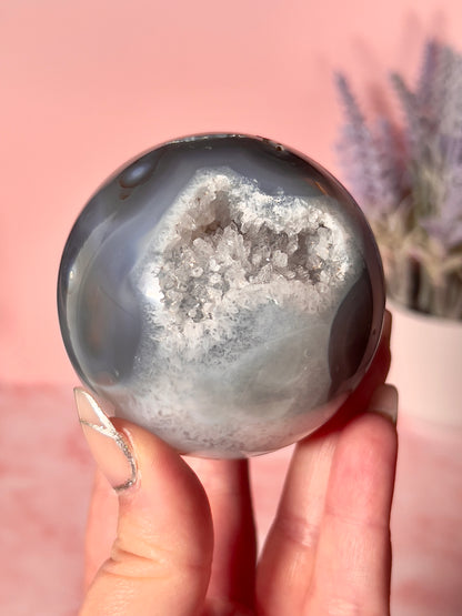Moss Agate Sphere with Druzy Quartz Cave