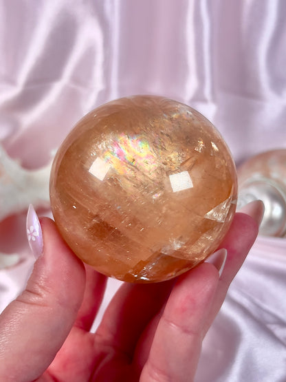 High Quality Honey Optical Calcite Sphere with Rainbows