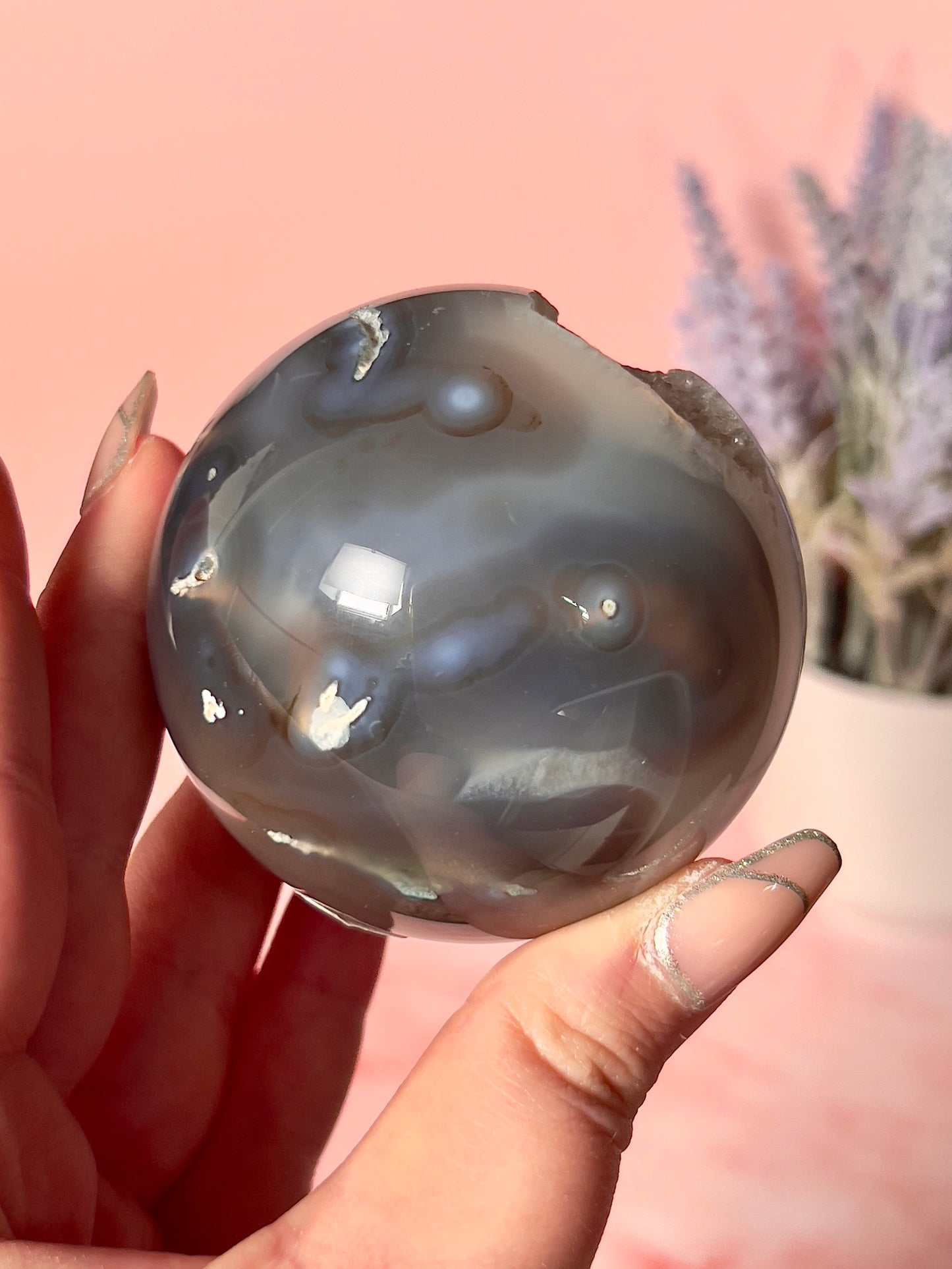 Moss Agate Sphere with Druzy Quartz Cave