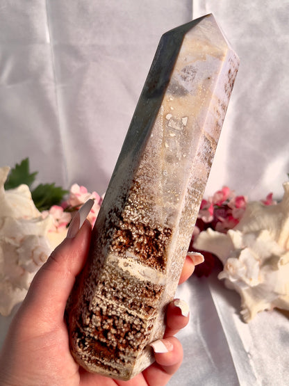 Pastel Lavender Orby Sea Jasper Tower with Red Druzy