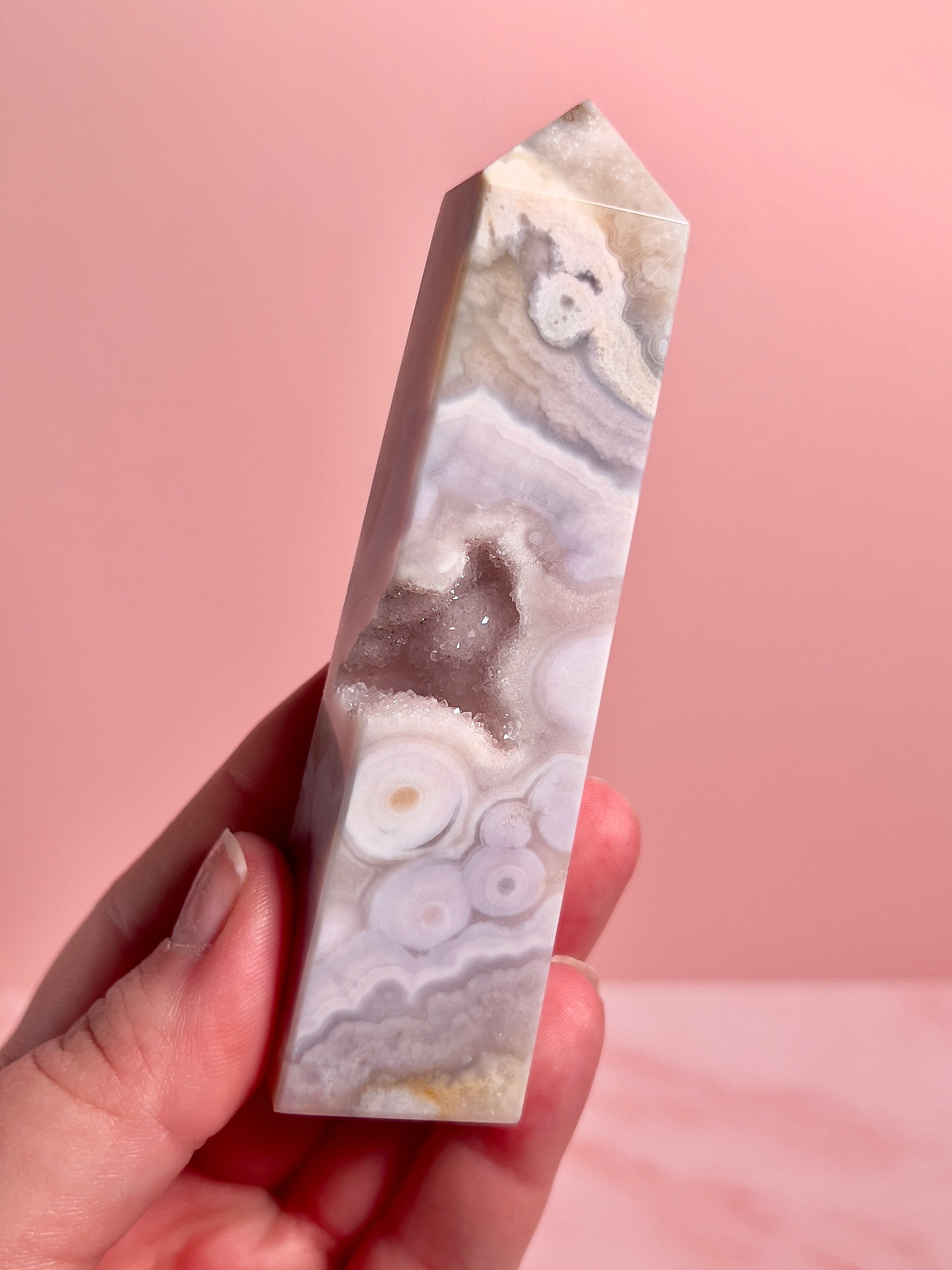 Flower Agate and Pink Amethyst Tower