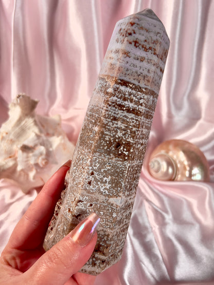 Pastel Lavender Orby Sea Jasper Tower with Red Druzy