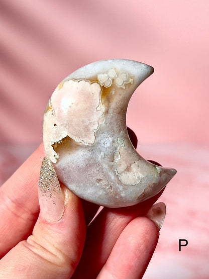 Blue and Pink Flower Agate Moons - Choose Your Own