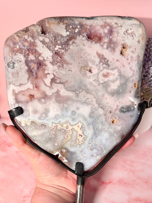 Cool Tone Purple Pink Amethyst Slab on Stand