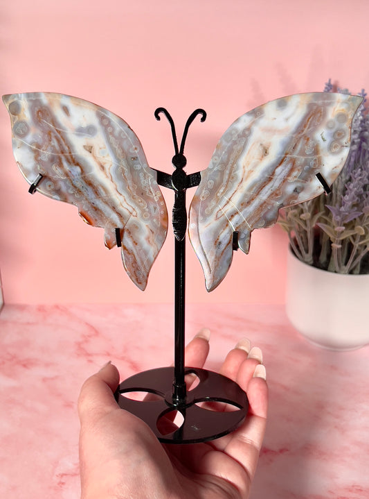 Rare Orbicular Jasper Crystal Butterfly Wings on Stand