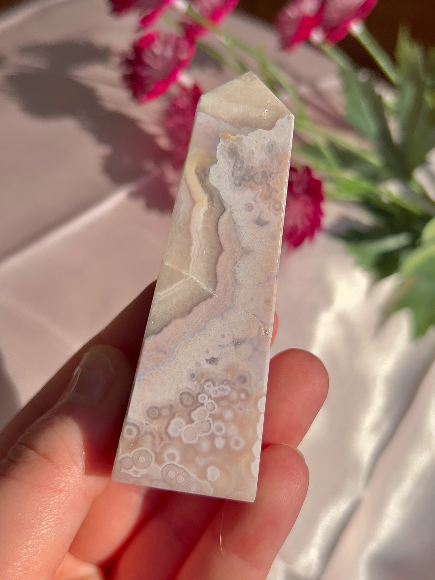 Flower Agate and Pink Amethyst Tower