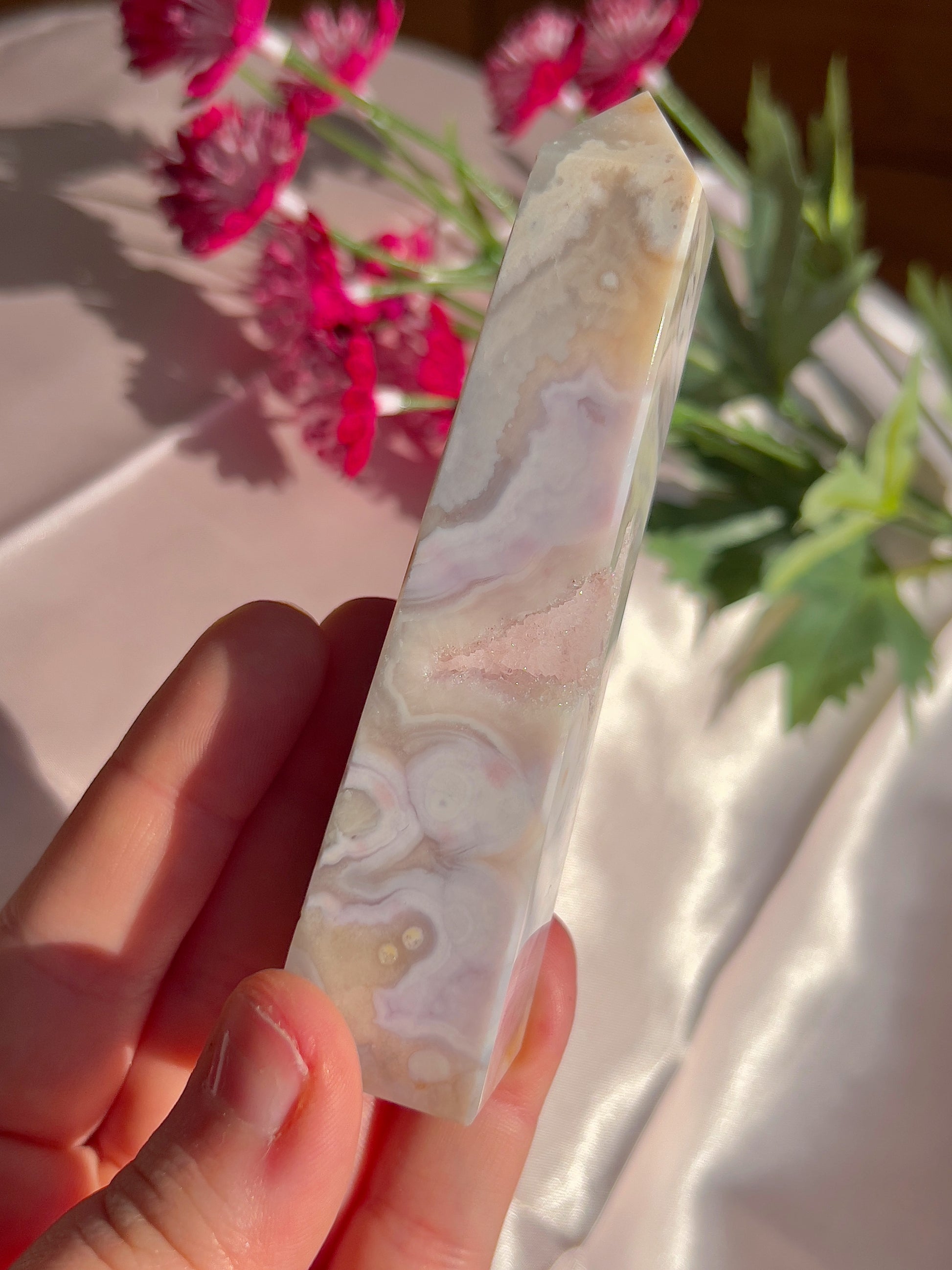 Flower Agate and Pink Amethyst Tower