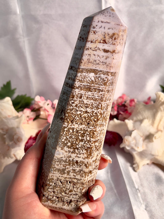 Pastel Lavender Orby Sea Jasper Tower with Red Druzy