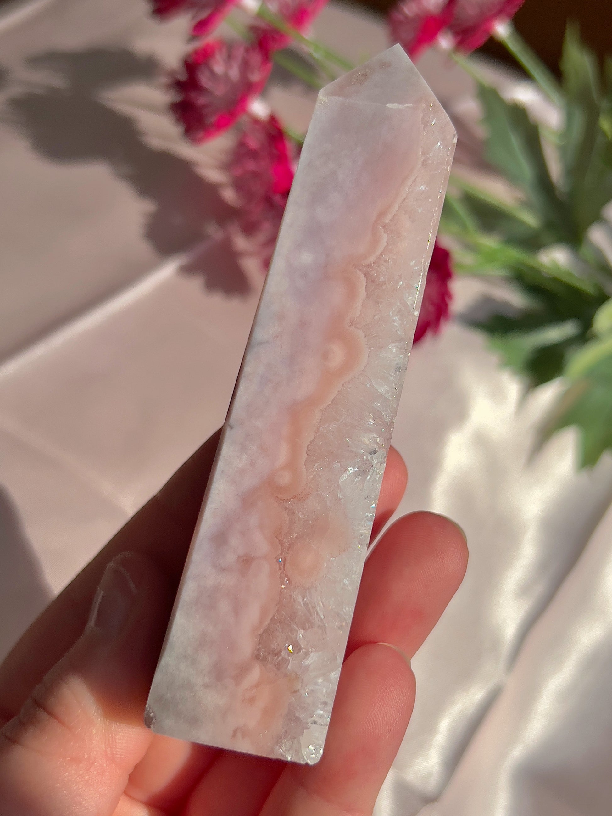 Flower Agate and Pink Amethyst Tower