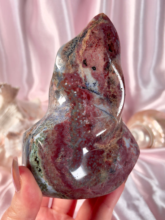 Pastel Reddish Pink and Blue Orby Sea Jasper Flame