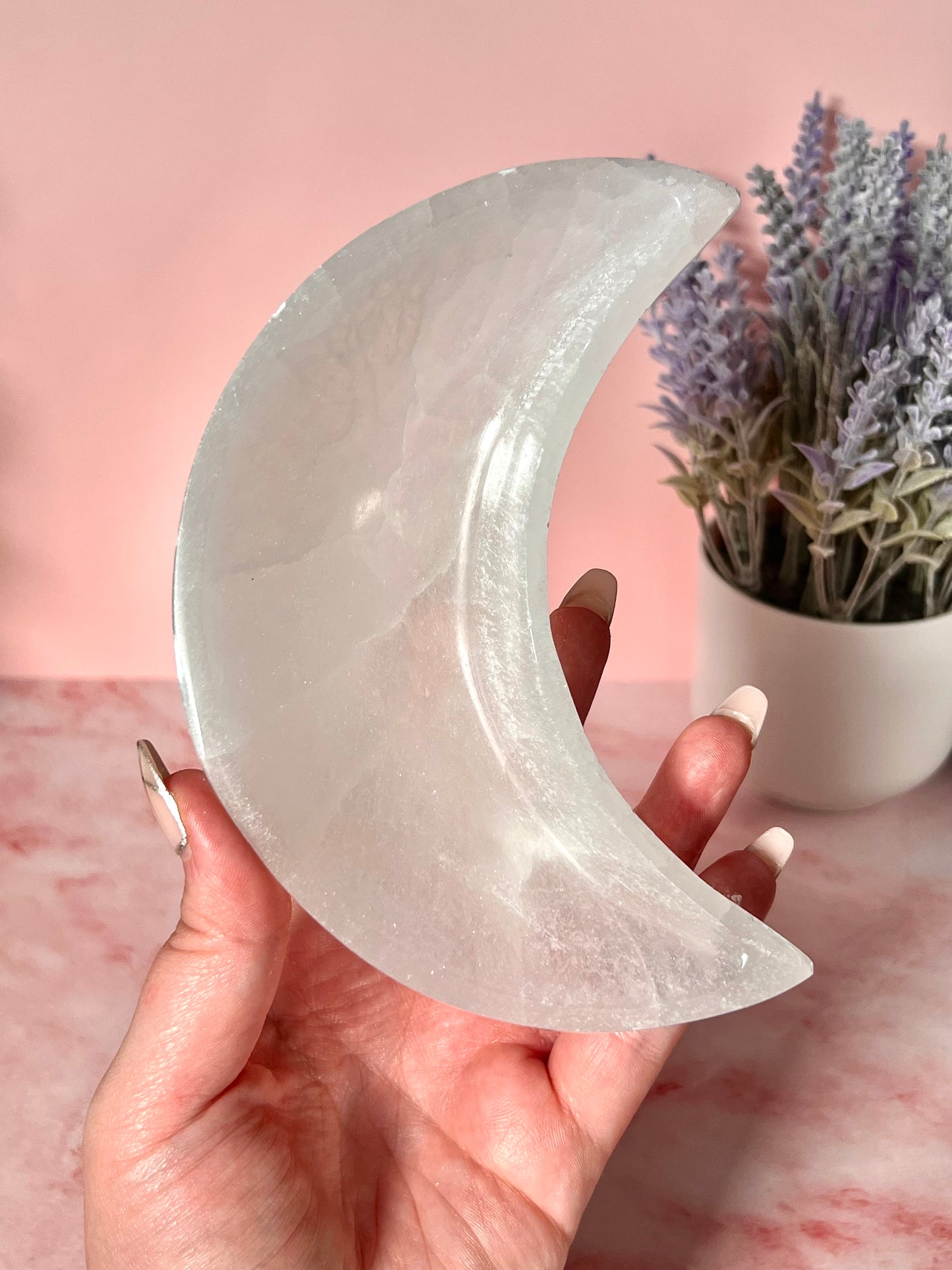 Moon Shaped Selenite Bowl, Satin Spar Dish