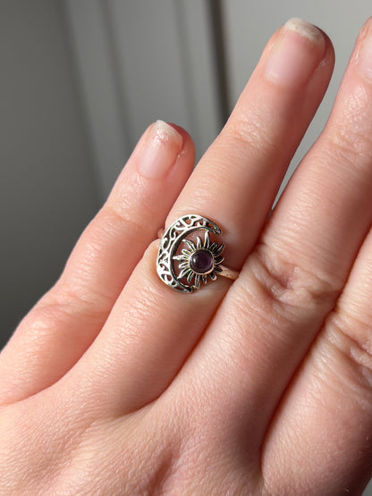 Amethyst Crescent Moon Vintage Style Ring - Choose Your Size