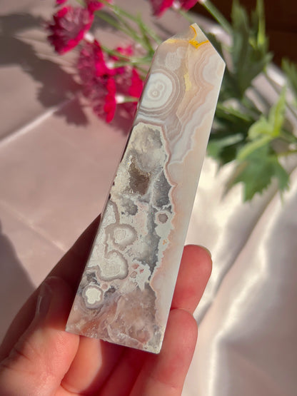 Flower Agate and Pink Amethyst Tower