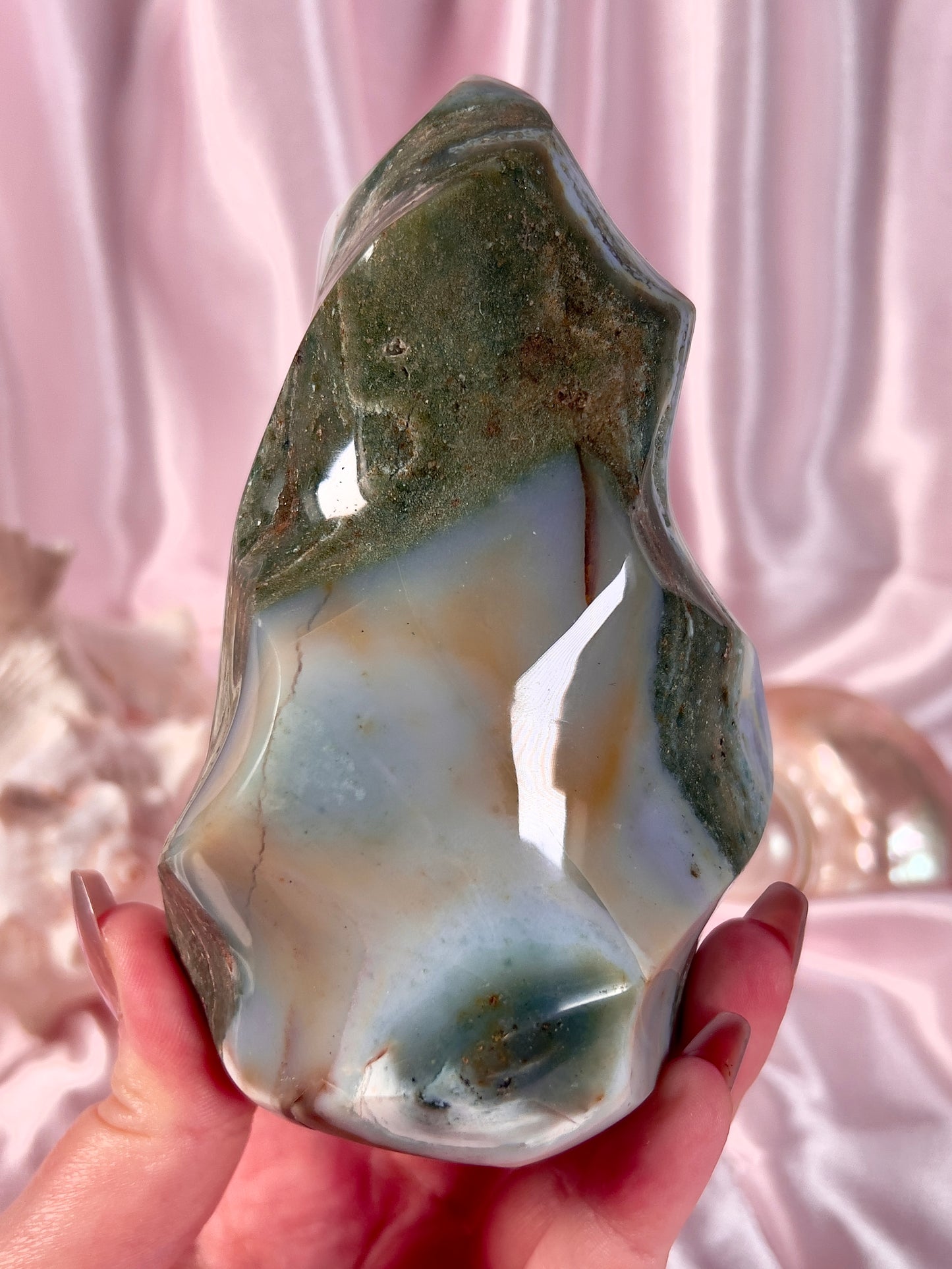 Pastel Two Tone Baby Blue and Forest Green Sea Jasper Flame