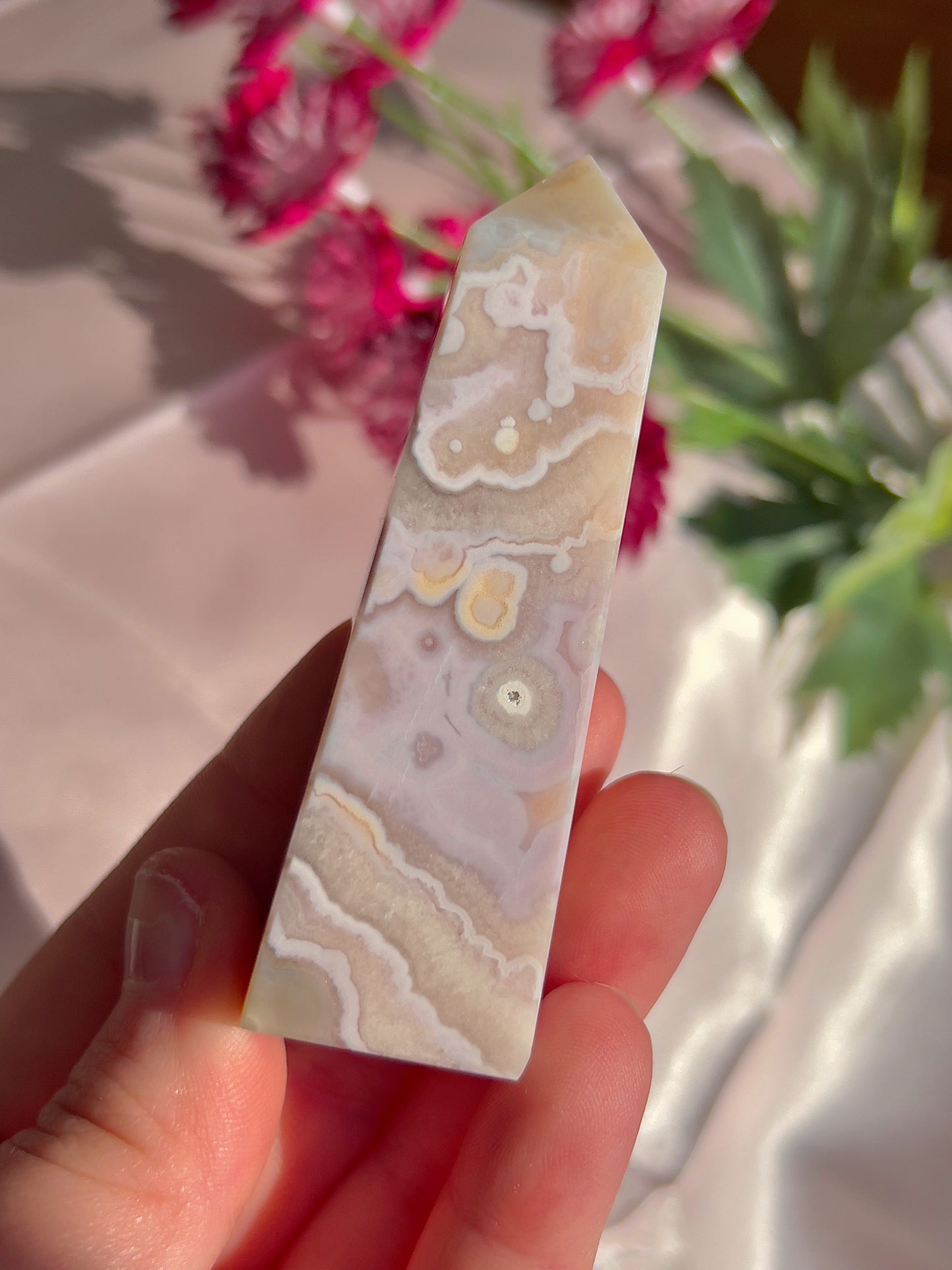 Flower Agate and Pink Amethyst Tower