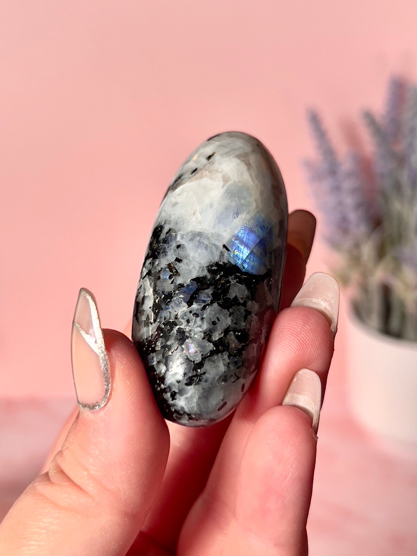 Blue Flash Rainbow Moonstone Shiva Lingam
