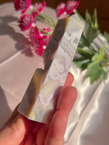 Flower Agate and Pink Amethyst Tower