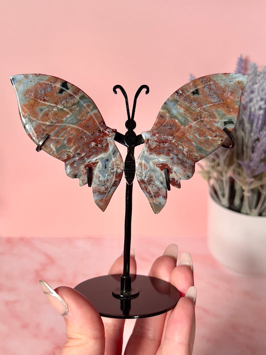 Rare Orbicular Jasper Crystal Butterfly Wings on Stand