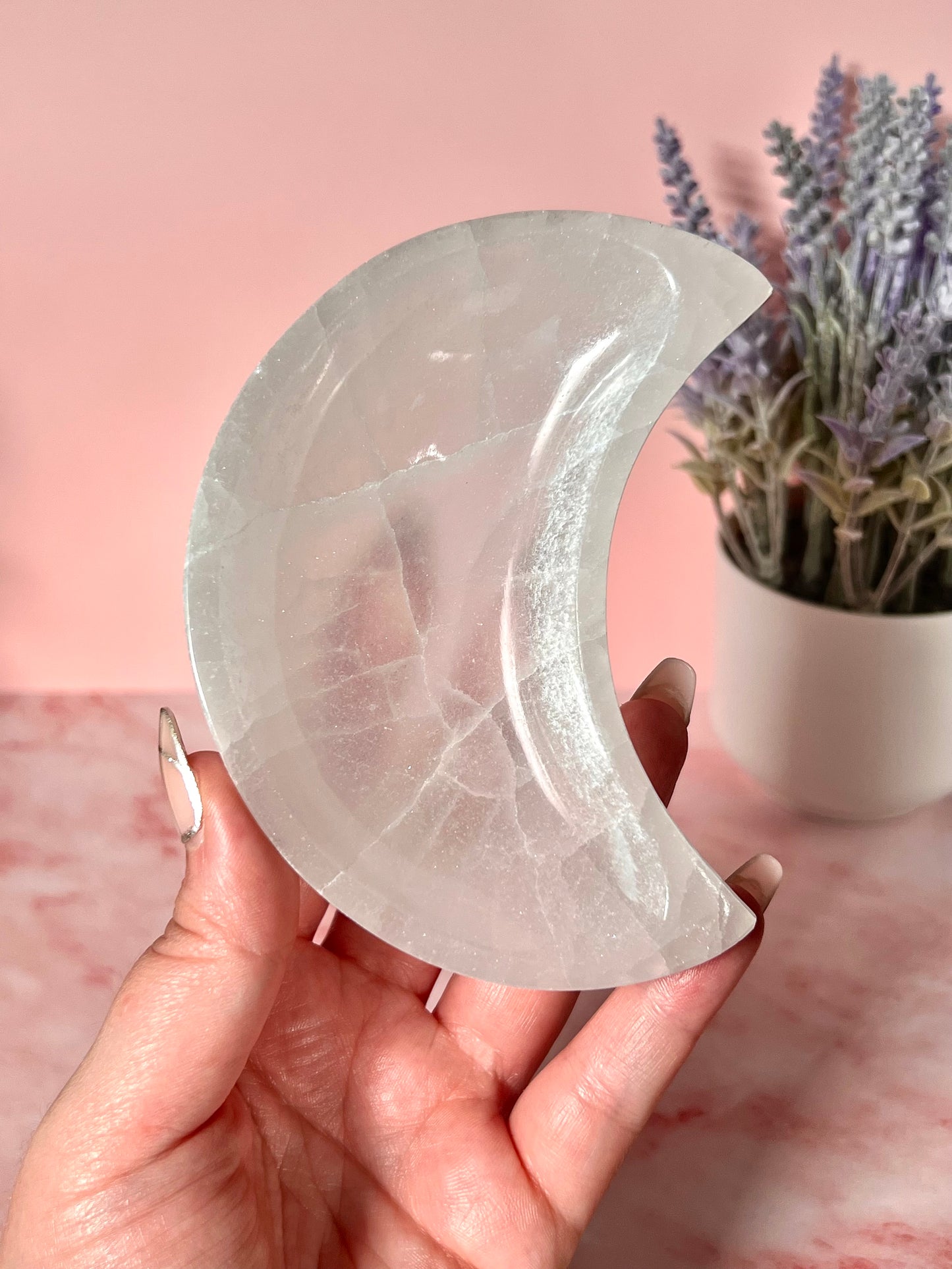 Moon Shaped Selenite Bowl, Satin Spar Dish