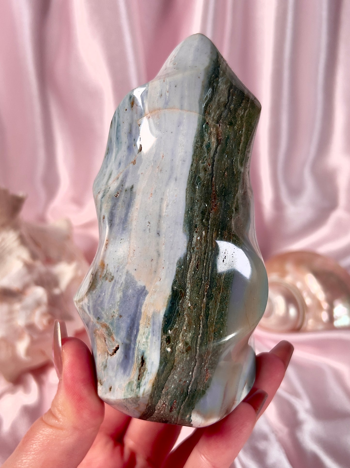 Pastel Two Tone Baby Blue and Forest Green Sea Jasper Flame