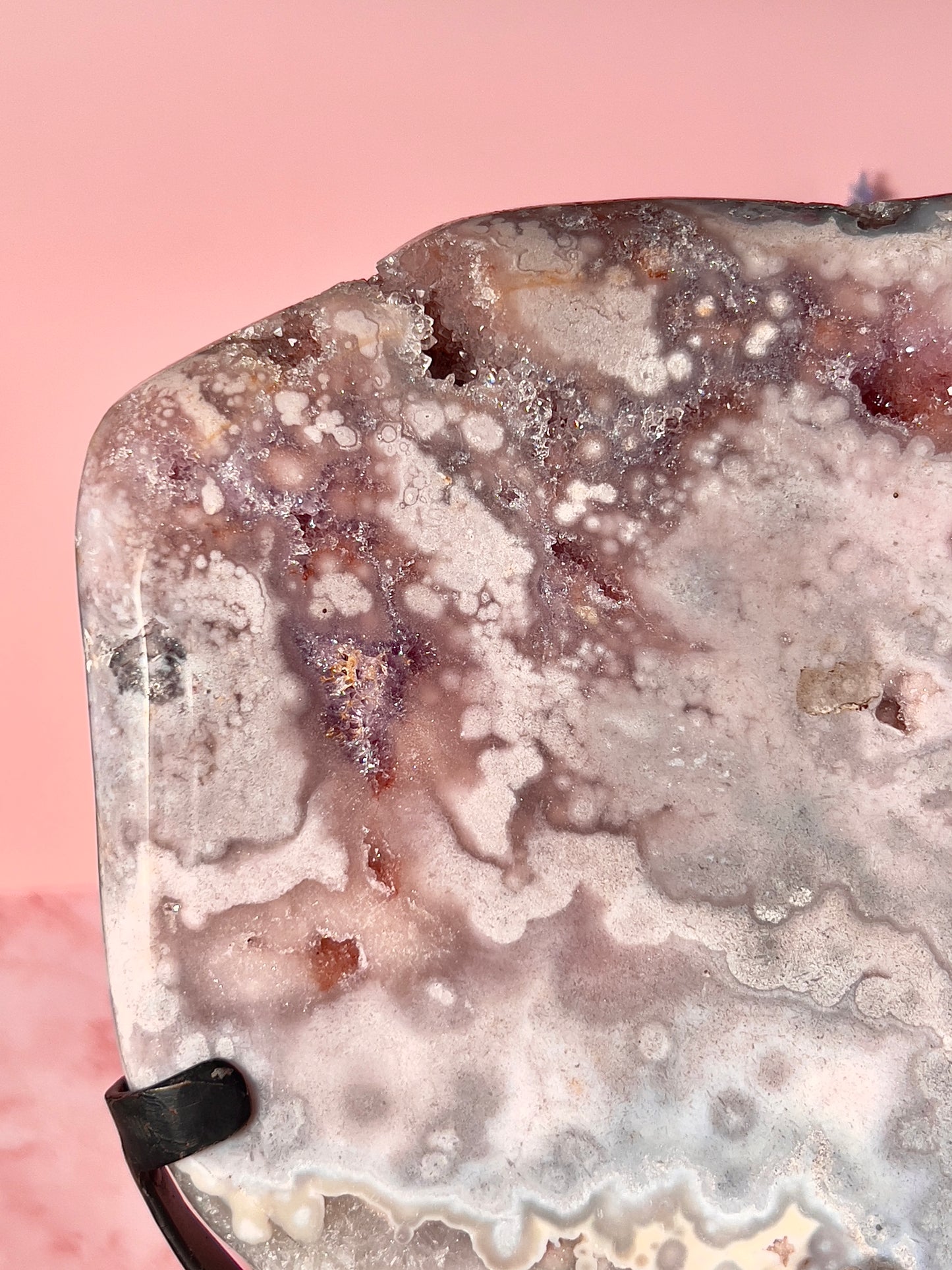 Cool Tone Purple Pink Amethyst Slab on Stand