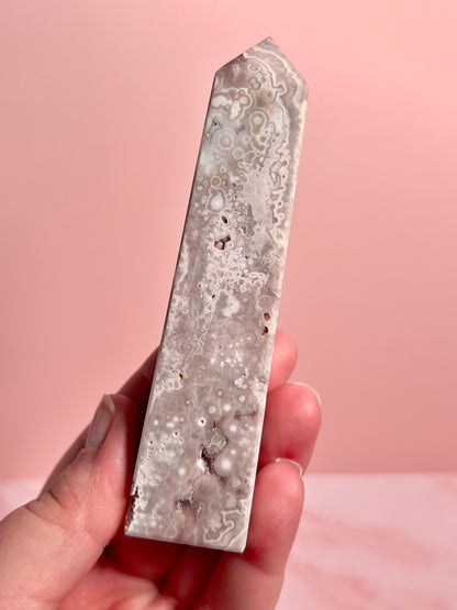 Flower Agate and Pink Amethyst Tower