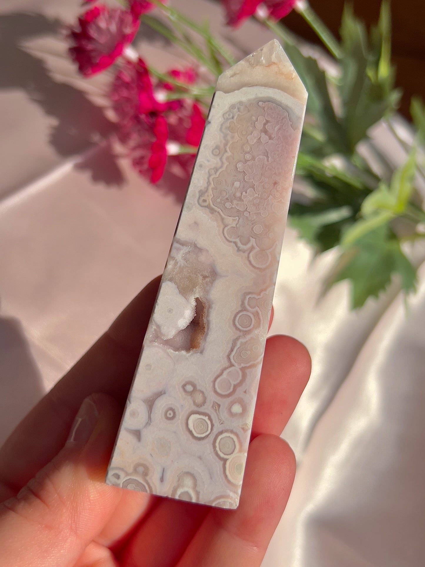 Flower Agate and Pink Amethyst Tower