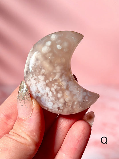 Blue and Pink Flower Agate Moons - Choose Your Own