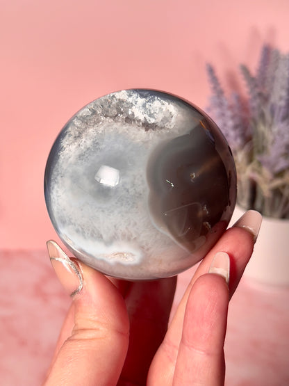 Moss Agate Sphere with Druzy Quartz Cave