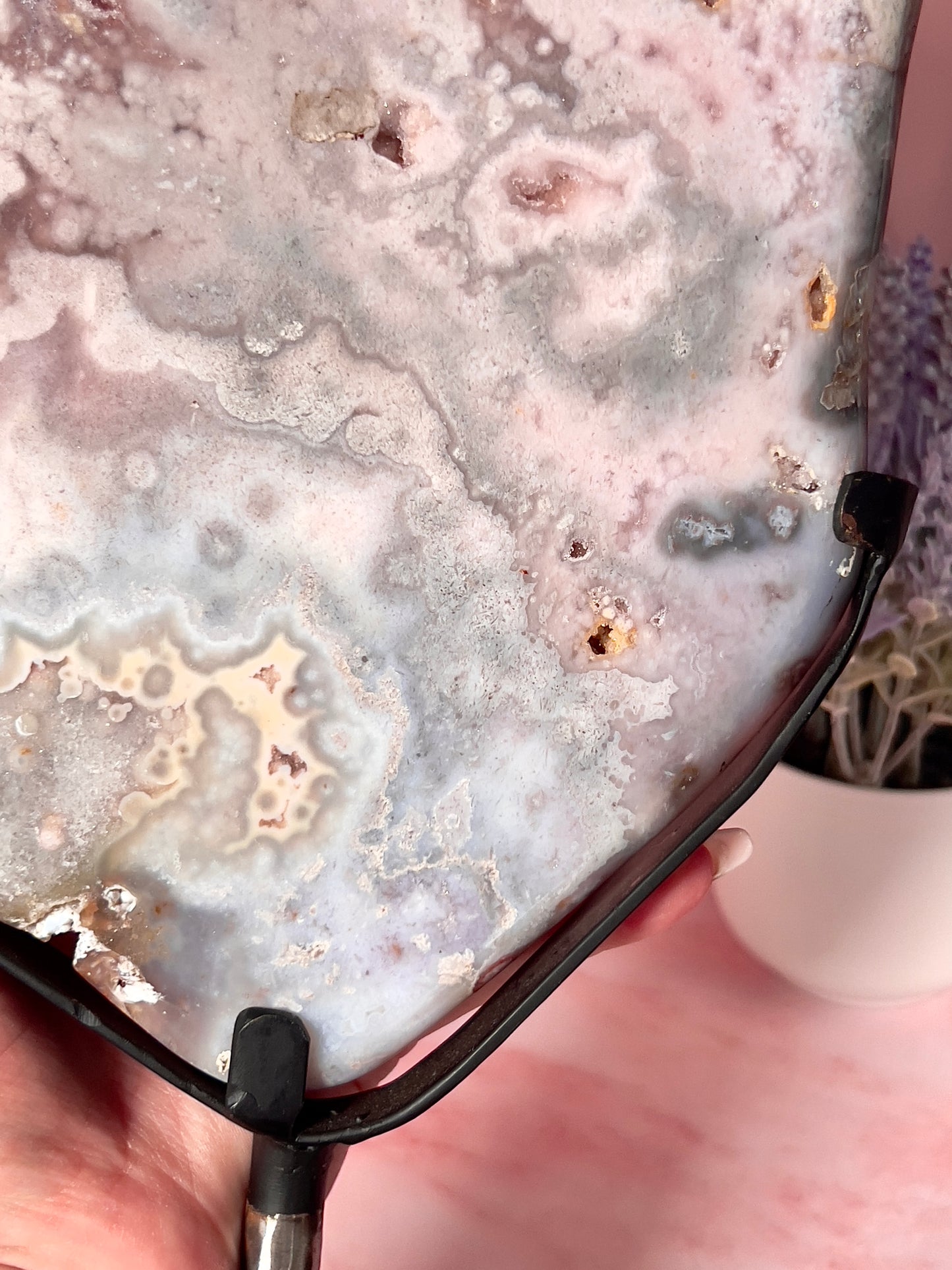 Cool Tone Purple Pink Amethyst Slab on Stand