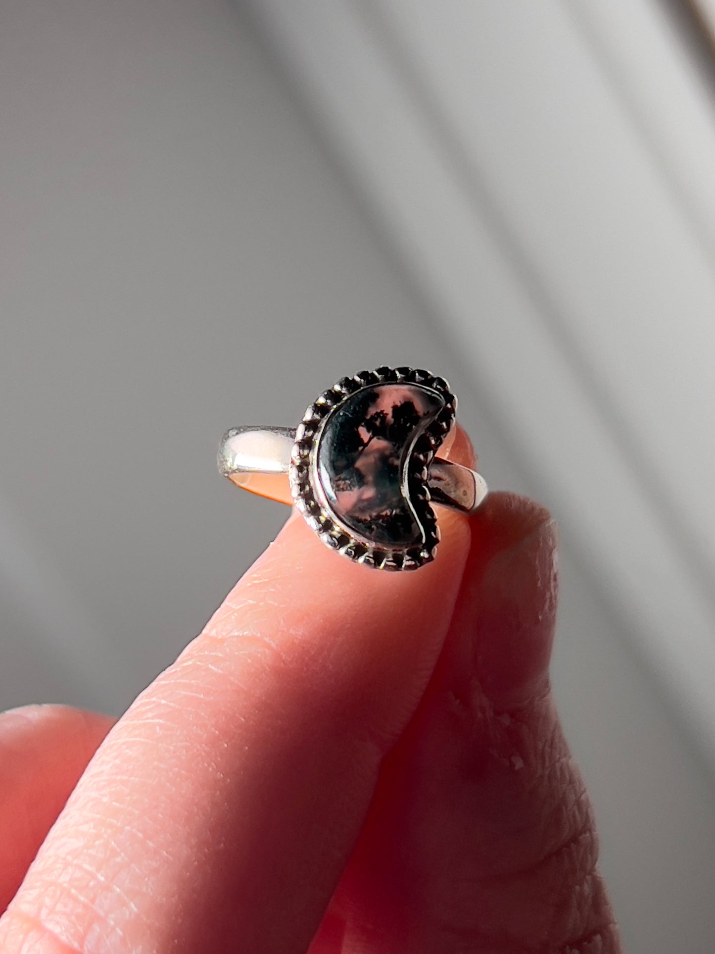 Moss Agate Crescent Moon Ring - Choose Your Size