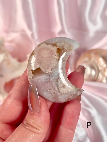 Blue and Pink Flower Agate Moons - Choose Your Own