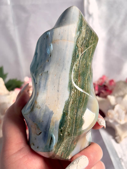 Pastel Two Tone Baby Blue and Forest Green Sea Jasper Flame