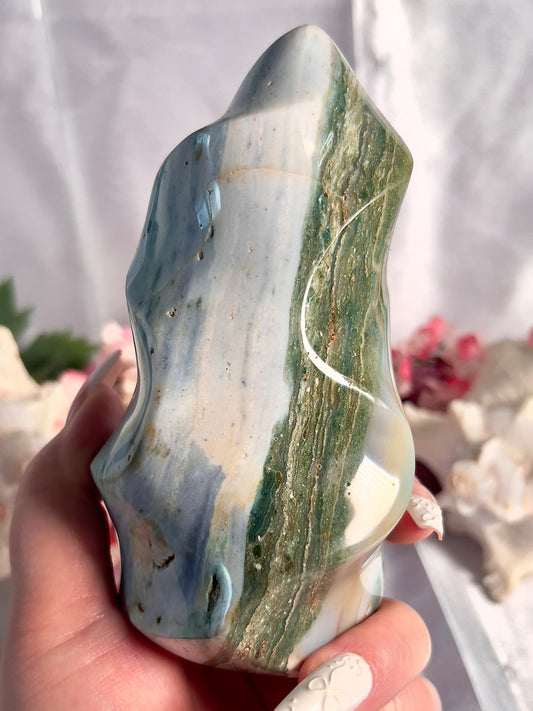 Pastel Two Tone Baby Blue and Forest Green Sea Jasper Flame