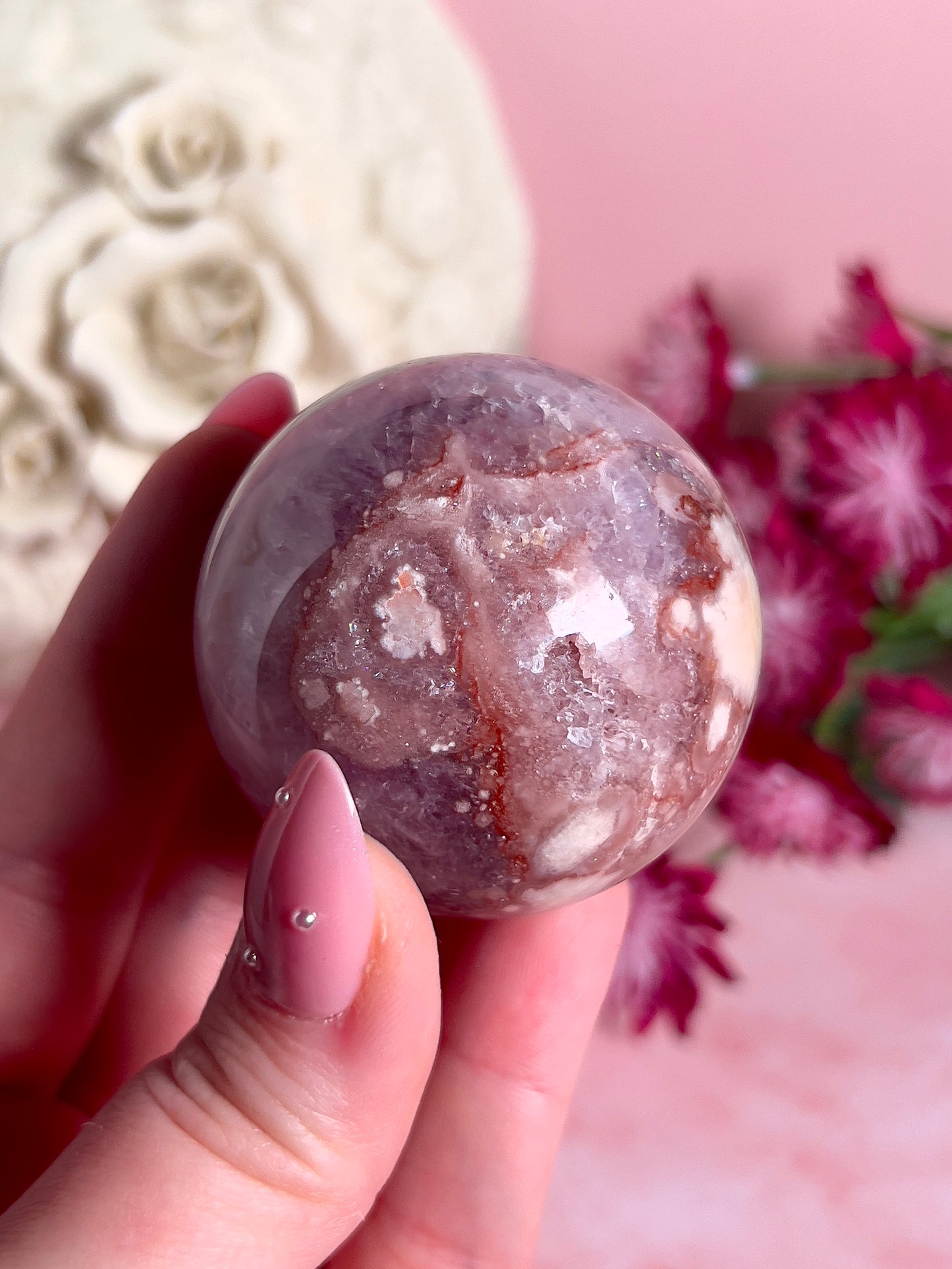 Pink Amethyst with Betroidral Druzy Pocket Sphere