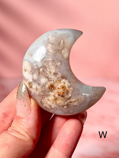 Blue and Pink Flower Agate Moons - Choose Your Own
