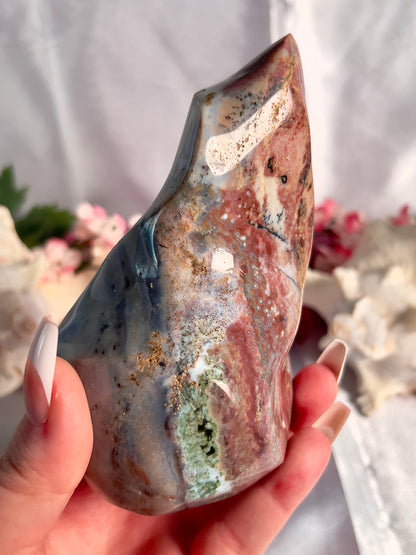 Pastel Reddish Pink and Blue Orby Sea Jasper Flame