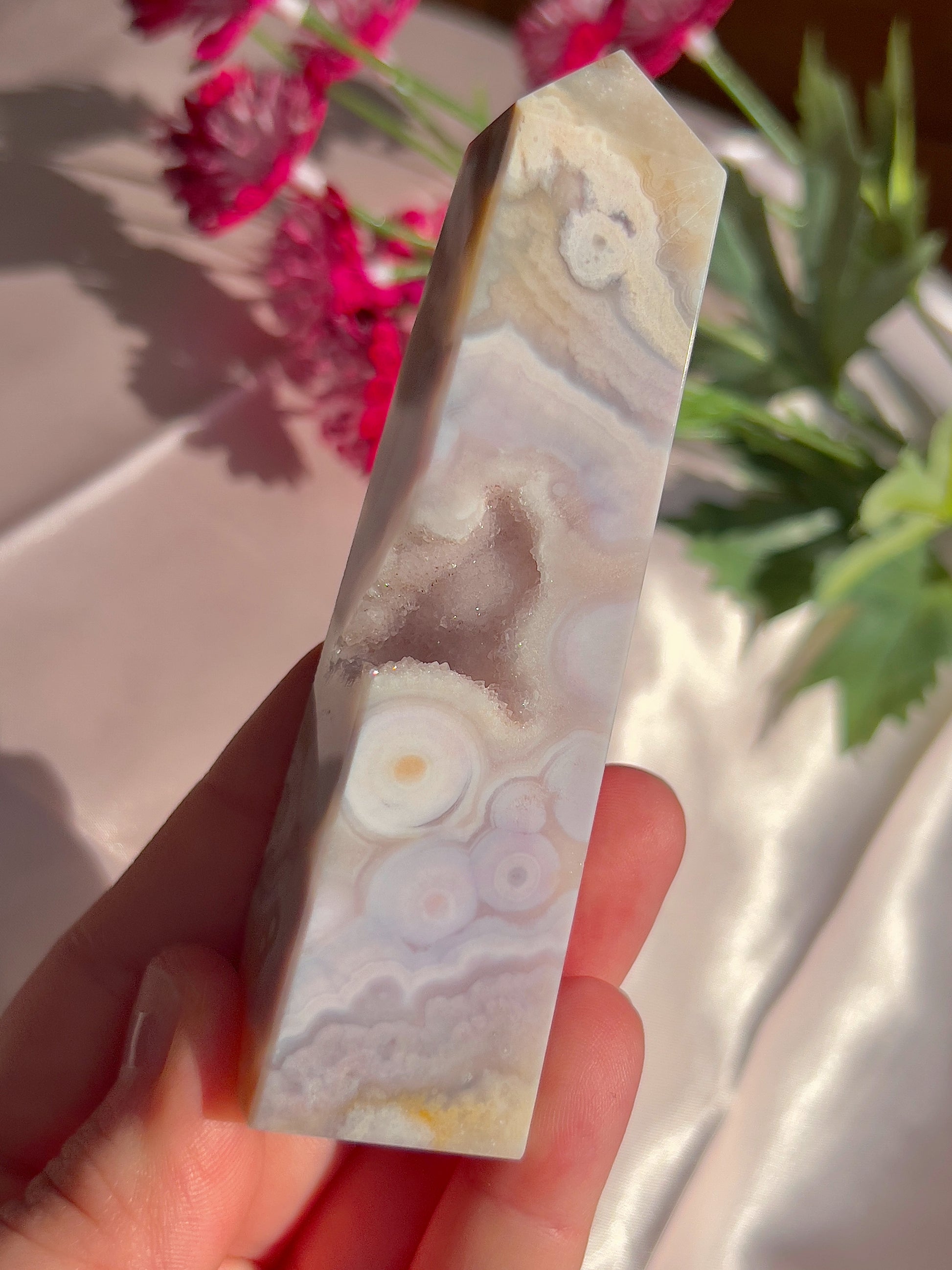 Flower Agate and Pink Amethyst Tower