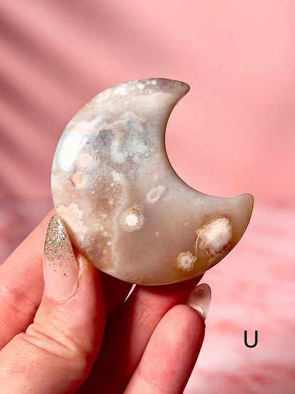 Blue and Pink Flower Agate Moons - Choose Your Own
