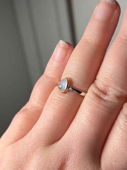 Rainbow Moonstone Teardrop Ring - Choose Your Size