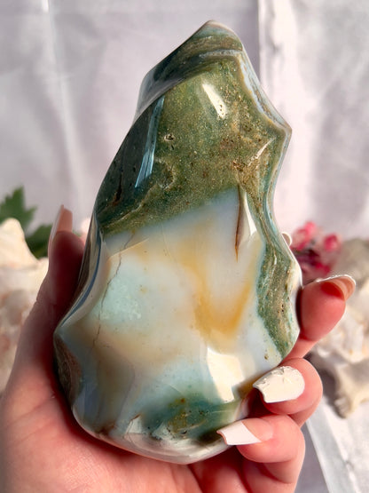 Pastel Two Tone Baby Blue and Forest Green Sea Jasper Flame