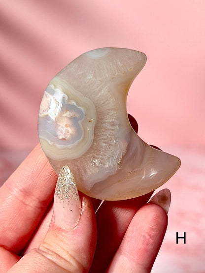 Blue and Pink Flower Agate Moons - Choose Your Own